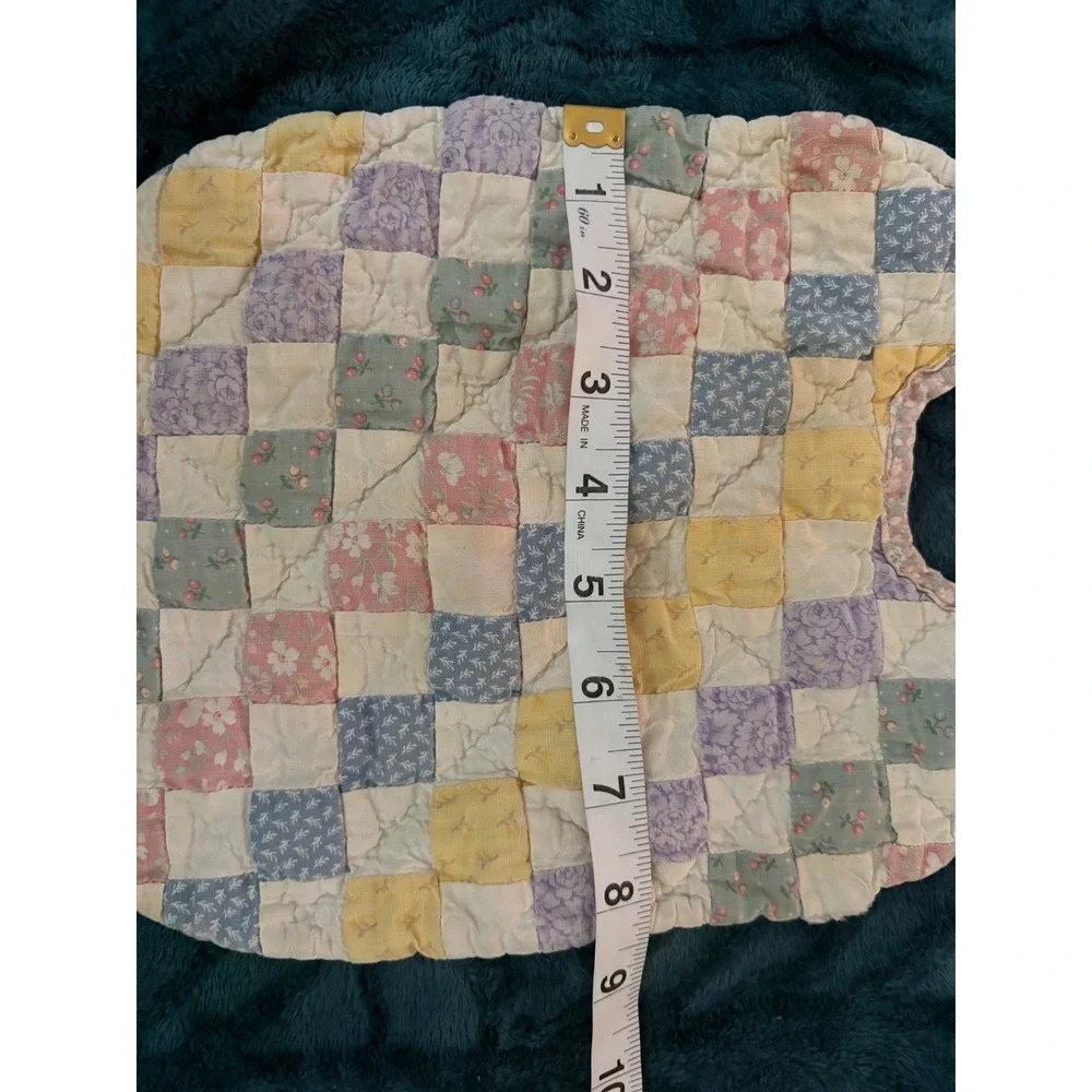 Vintage Handmade Quilted Patchwork Baby Bib Pastel Floral Multi Color Tie Neck